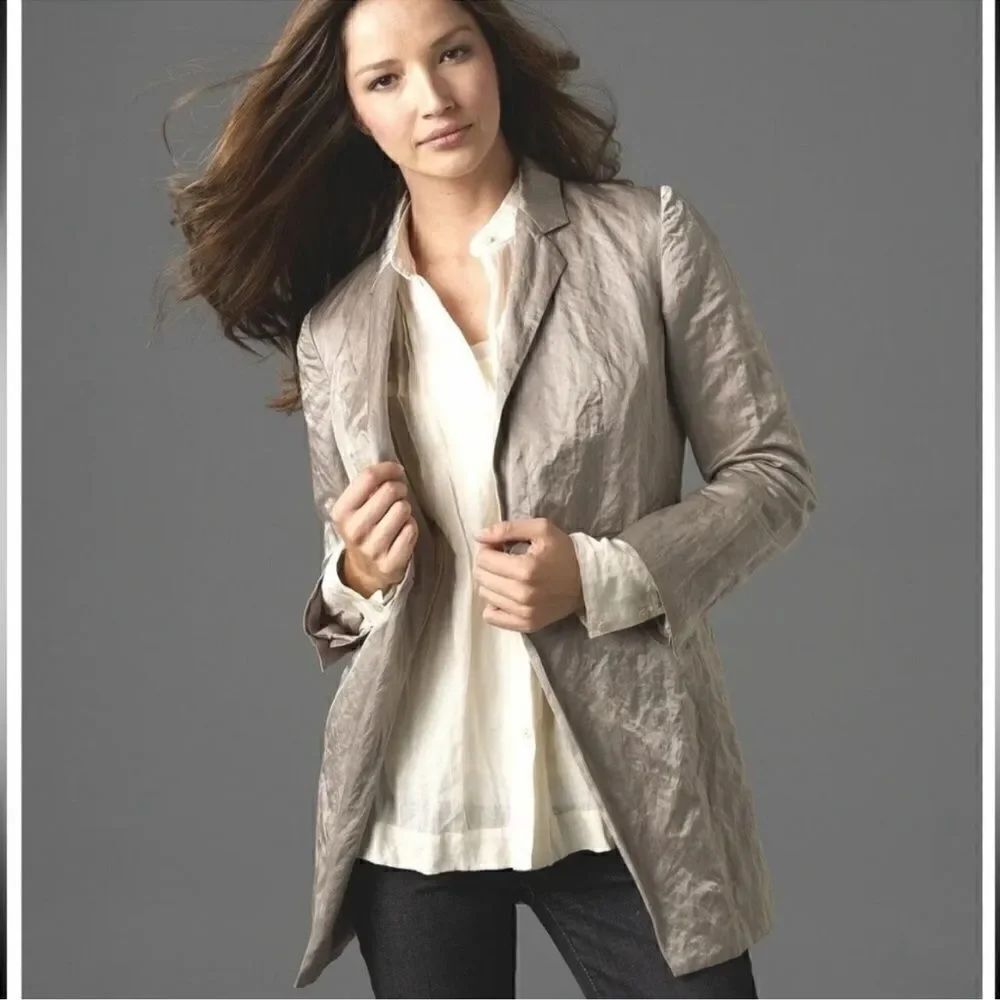 Eileen Fisher Steel Satin Long Blazer Jacket
